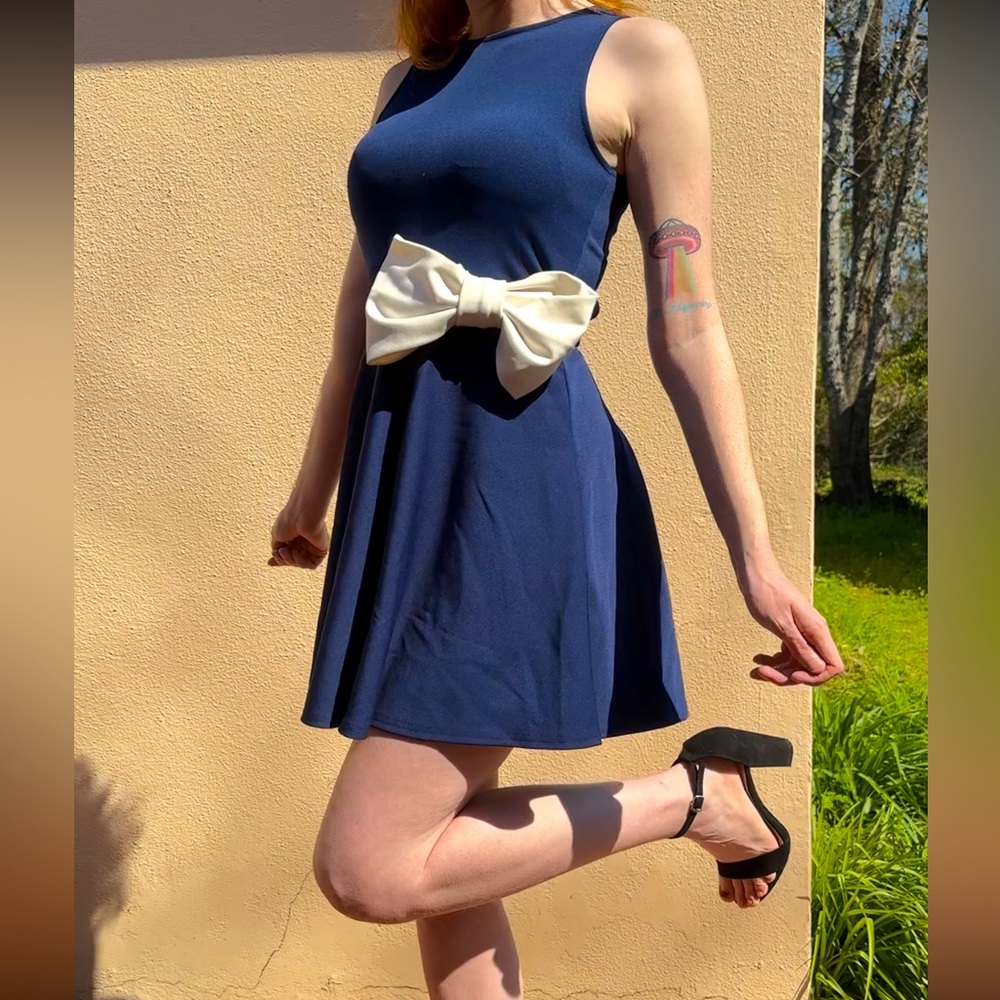 Navy Blue Fit & Flare Dress with Bow Detail - Boohoo, Size US 8 (UK 12)